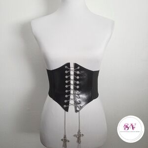 Black corset with lace up silver chain and cross decor